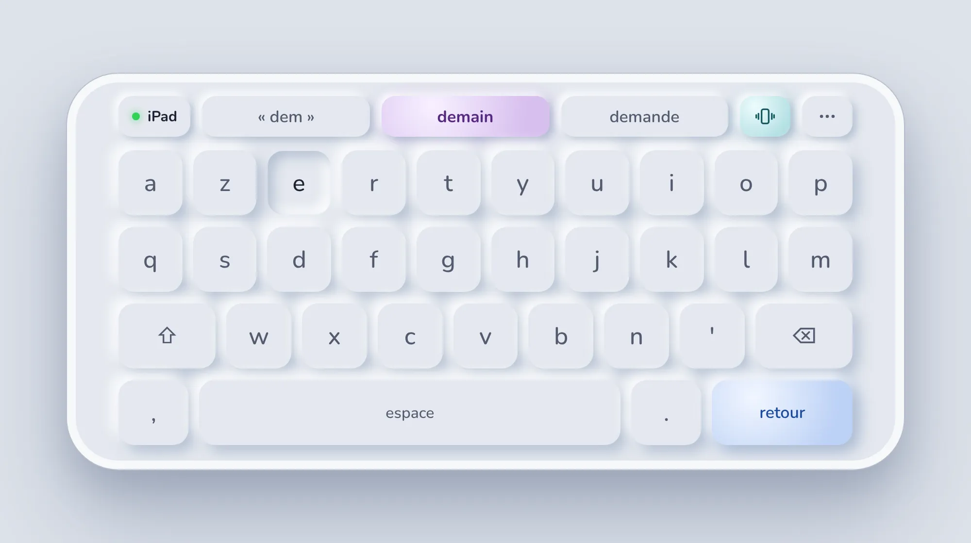Le clavier Tapote plein écran sur iPhone en paysage, touches en relief, la lettre E enfoncée.